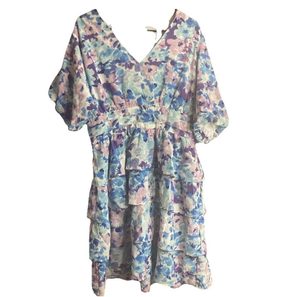 Fashion Water Color Floral Layered Dress With Ruffle Sleeves‎